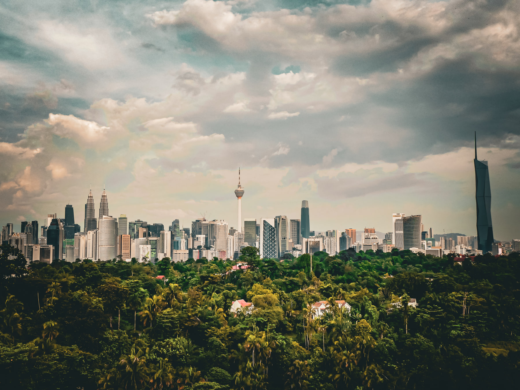 A dense cluster of high-rise towers stands beyond a wide canopy of palms and jungle under broken cloud.
