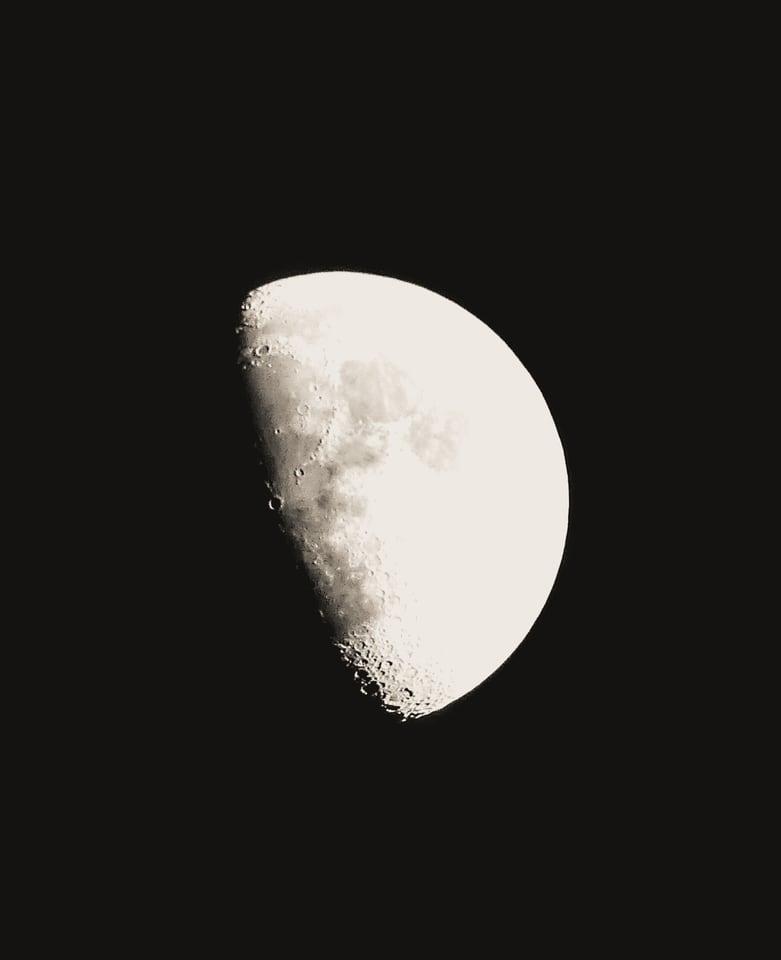 A half moon, sharp against a black sky.