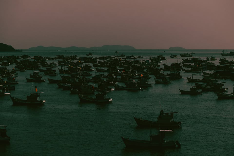 Dozens of fishing boats gather across a sheltered bay beneath a muted evening sky.
