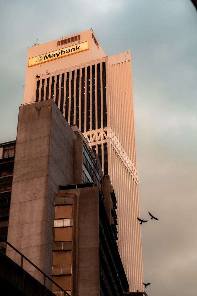 Office towers rise above lower buildings under pale cloud, birds crossing.